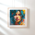 Framed colorful abstract painting of a woman's face on a white wall Electric Portrait