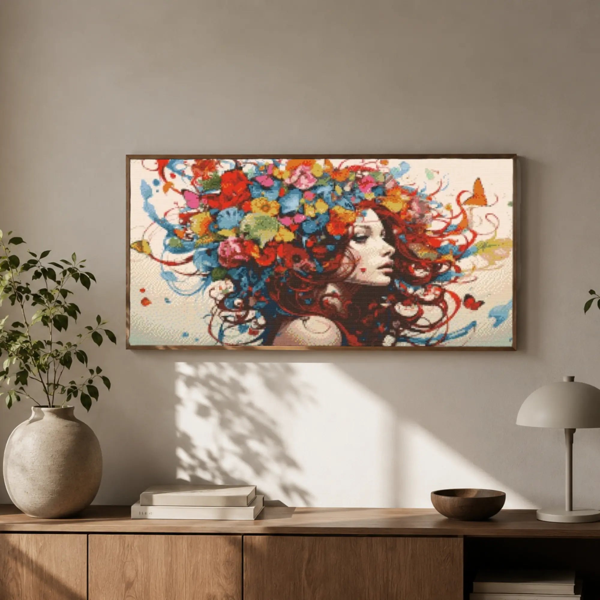Colorful artwork of a woman with flowers in her hair on a wall above a wooden console table. Free as a Butterfly Diamond Painting Kit by Nordik Atelier